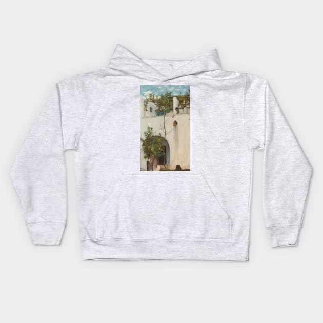 Lady on a Balcony, Capri by John William Waterhouse Kids Hoodie by Classic Art Stall